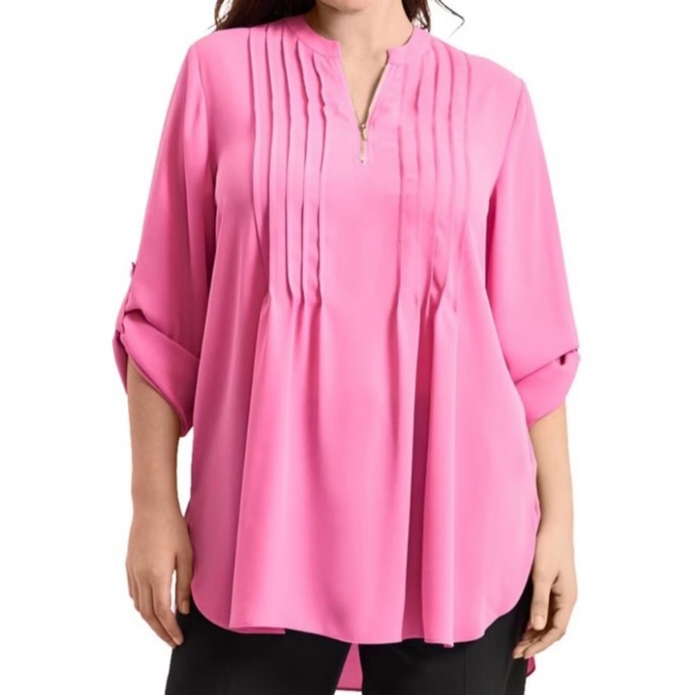Avenue Pink Pintuck Roll-Tab Sleeve Popover Tunic Blouse Top Plus Size 20